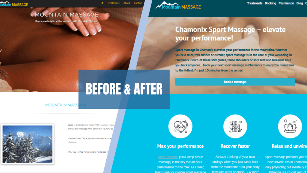 Before and after comparison of the Mountain Massage website, showcasing a visually updated and intuitive design aimed at improving user experience and booking efficiency.